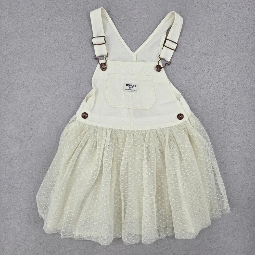OshKosh B'gosh Toddler 4T Overall Dress Cream Tulle Polka Dot Cottagecore